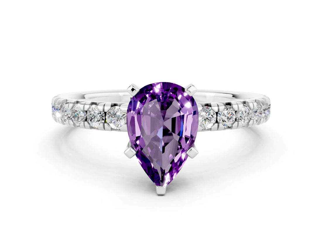 White gold Pear Cut Amethyst Solitaire Pavé Engagement Ring with Round Band and Prong Setting_72