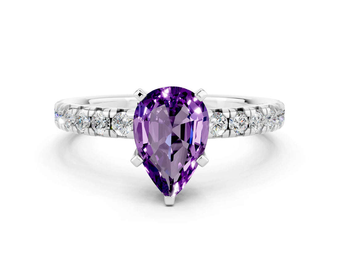 White gold Pear Cut Amethyst Solitaire Pavé Engagement Ring with Round Band and Prong Setting_84