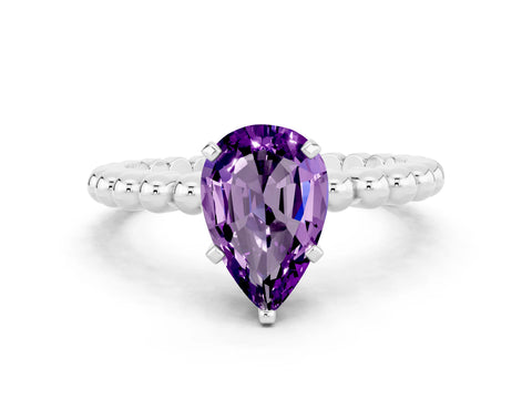 White gold Pear Cut Amethyst Solitaire Ring with Beaded Band and Prong Setting_36