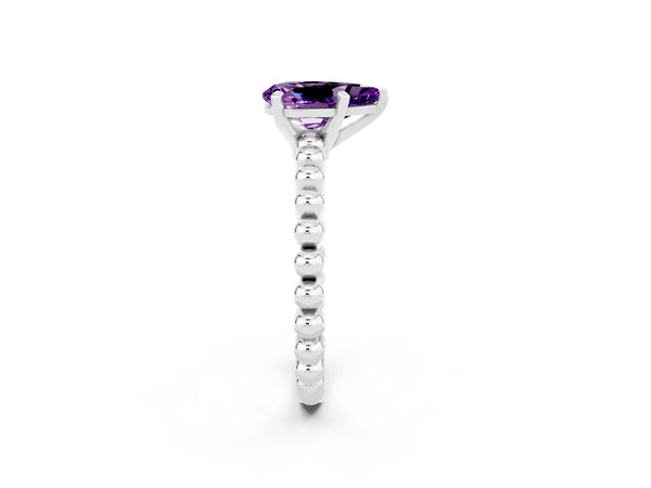 Platinum Pear Cut Amethyst Solitaire Ring with Beaded Band and Prong Setting