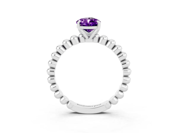 Platinum Pear Cut Amethyst Solitaire Ring with Beaded Band and Prong Setting