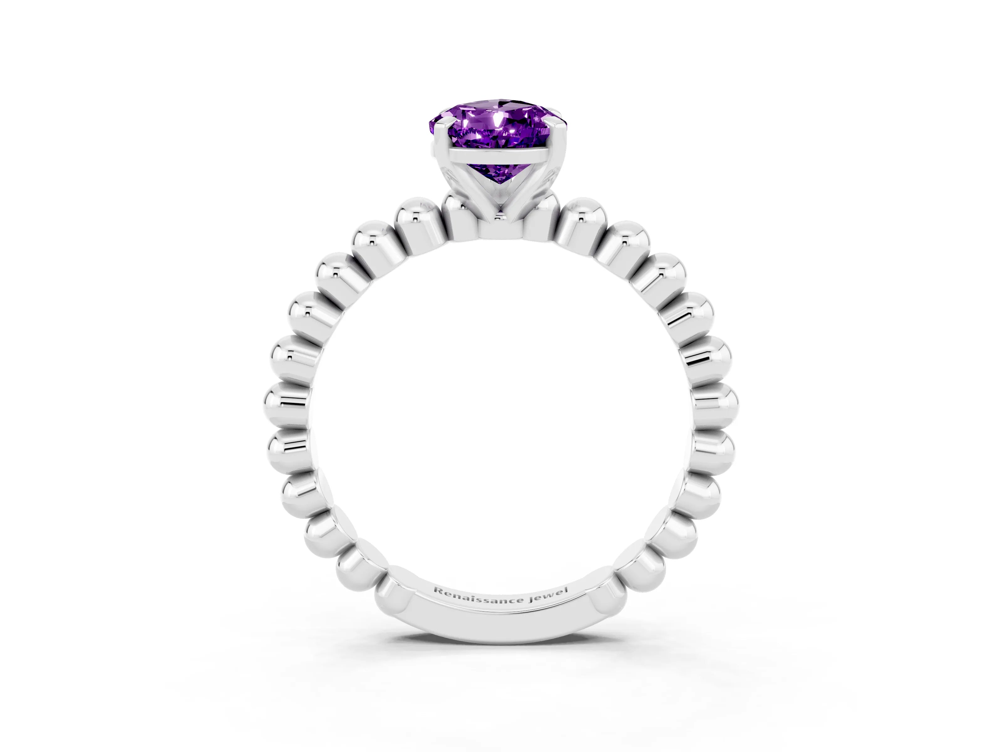 White gold Pear Cut Amethyst Solitaire Ring with Beaded Band and Prong Setting_39