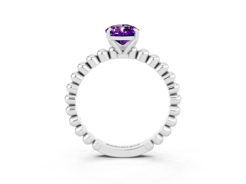 White gold Pear Cut Amethyst Solitaire Ring with Beaded Band and Prong Setting_39