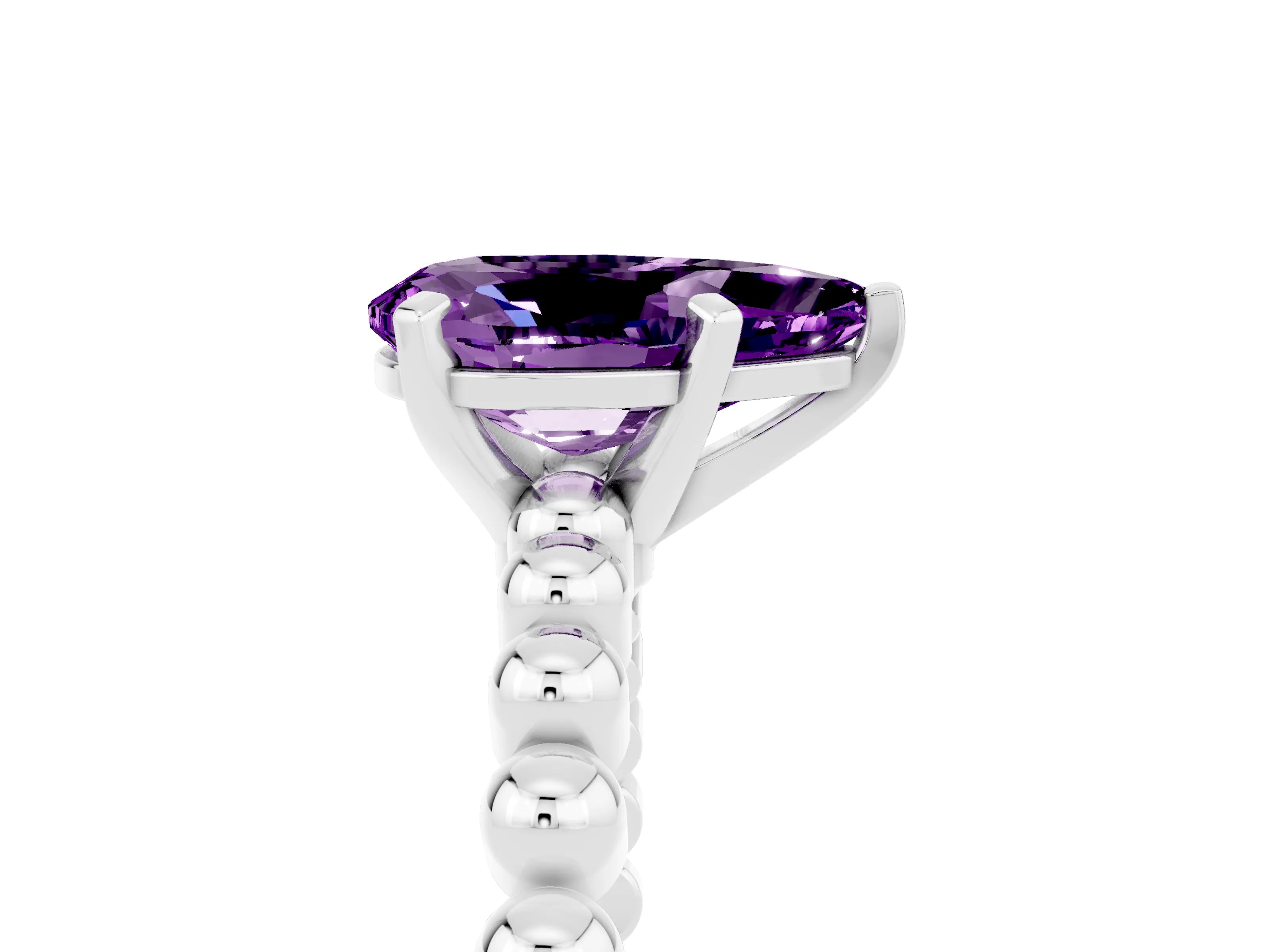 White gold Pear Cut Amethyst Solitaire Ring with Beaded Band and Prong Setting_41
