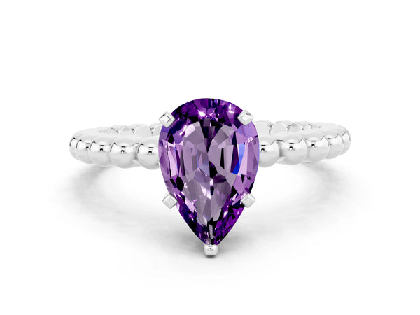 White gold Pear Cut Amethyst Solitaire Ring with Beaded Band and Prong Setting