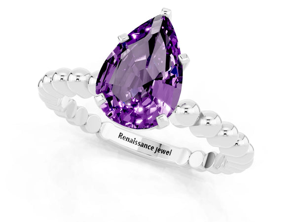 White gold Pear Cut Amethyst Solitaire Ring with Beaded Band and Prong Setting