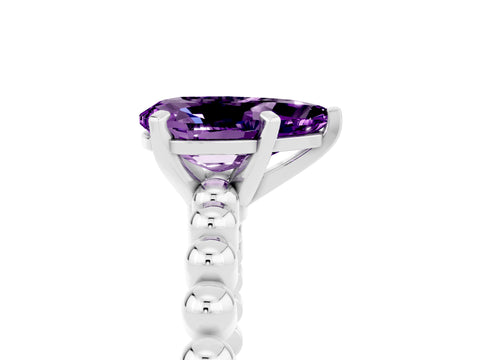 White gold Pear Cut Amethyst Solitaire Ring with Beaded Band and Prong Setting_52
