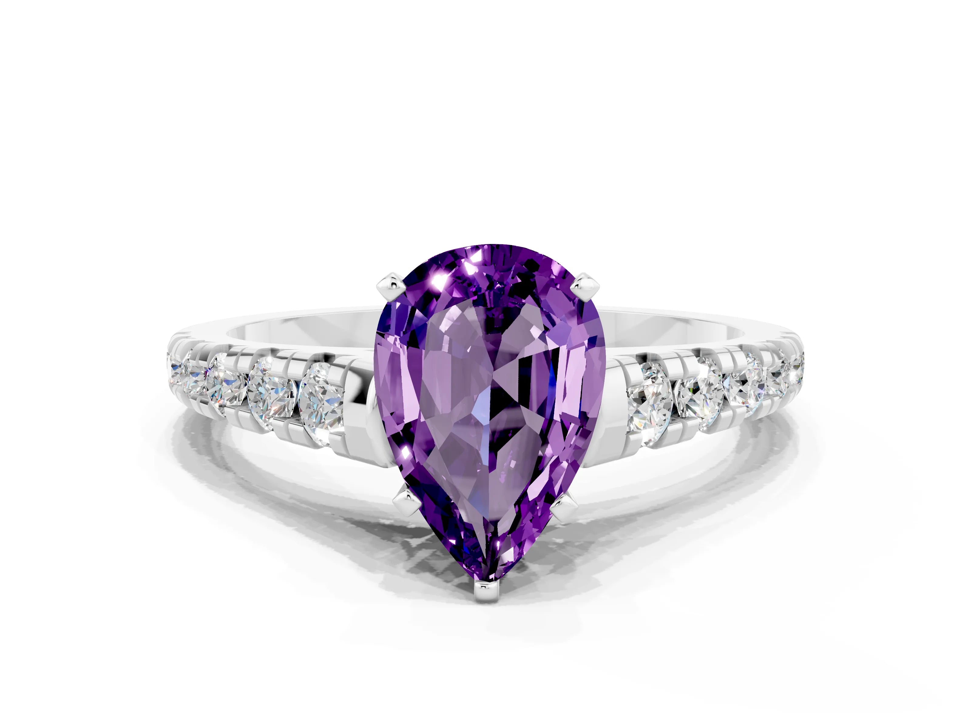 White gold Pear Cut Amethyst Solitaire Ring with Cathedral Setting and Pavé Band