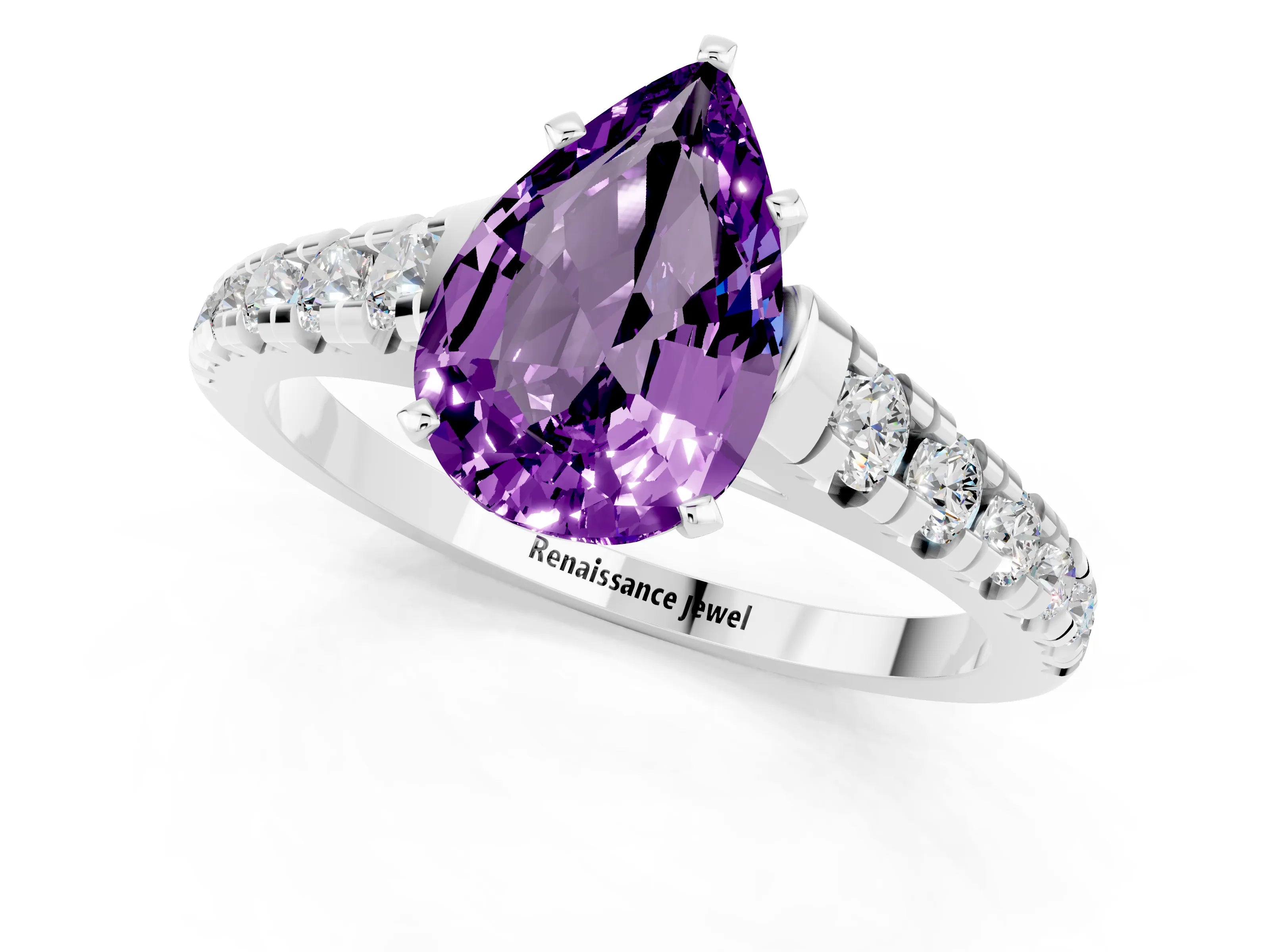 White gold Pear Cut Amethyst Solitaire Ring with Cathedral Setting and Pavé Band_1