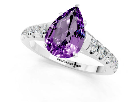 White gold Pear Cut Amethyst Solitaire Ring with Cathedral Setting and Pavé Band_1
