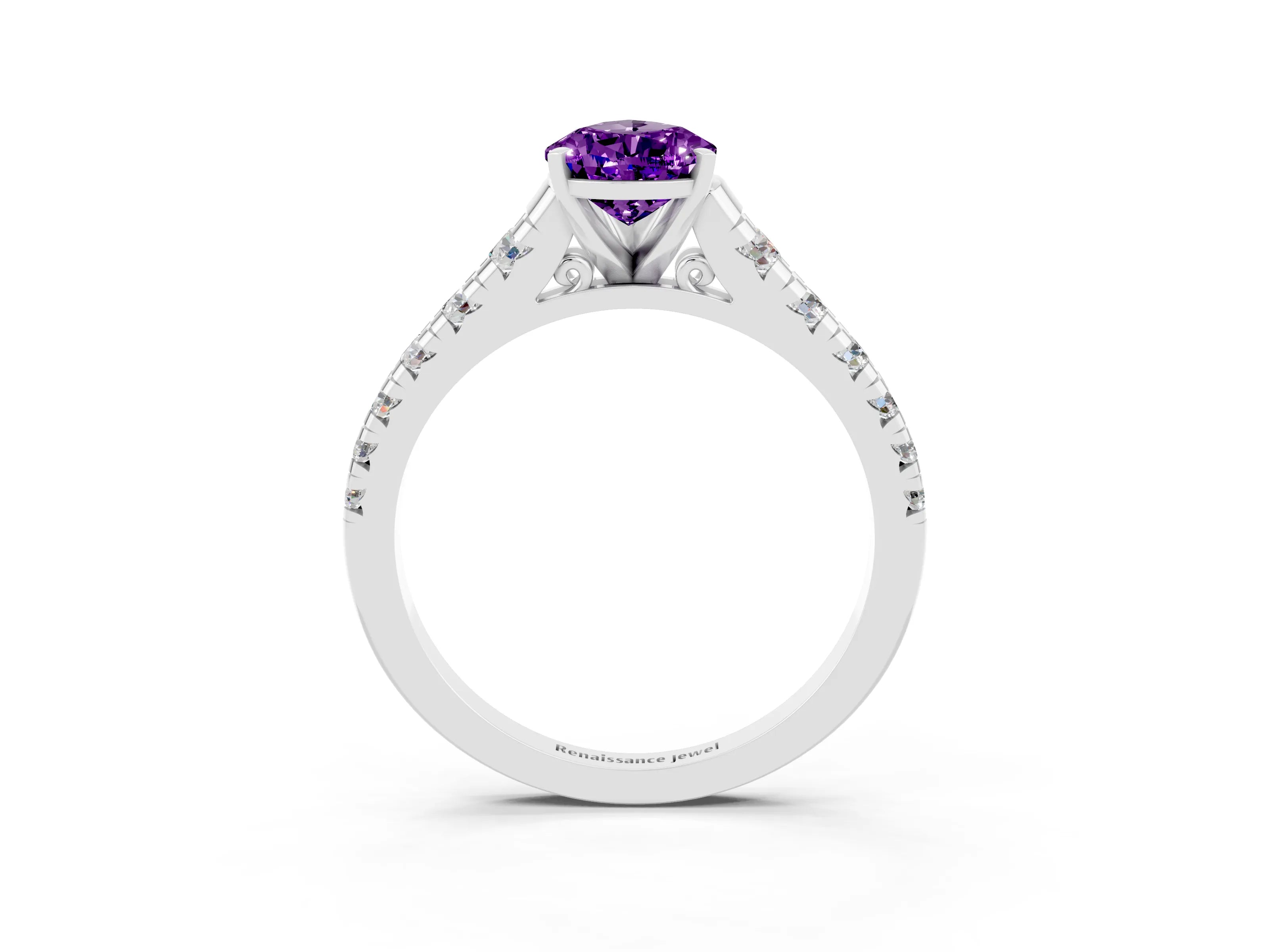 White gold Pear Cut Amethyst Solitaire Ring with Cathedral Setting and Pavé Band_3