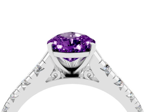 White gold Pear Cut Amethyst Solitaire Ring with Cathedral Setting and Pavé Band_4