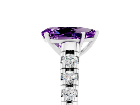 White gold Pear Cut Amethyst Solitaire Ring with Cathedral Setting and Pavé Band_5
