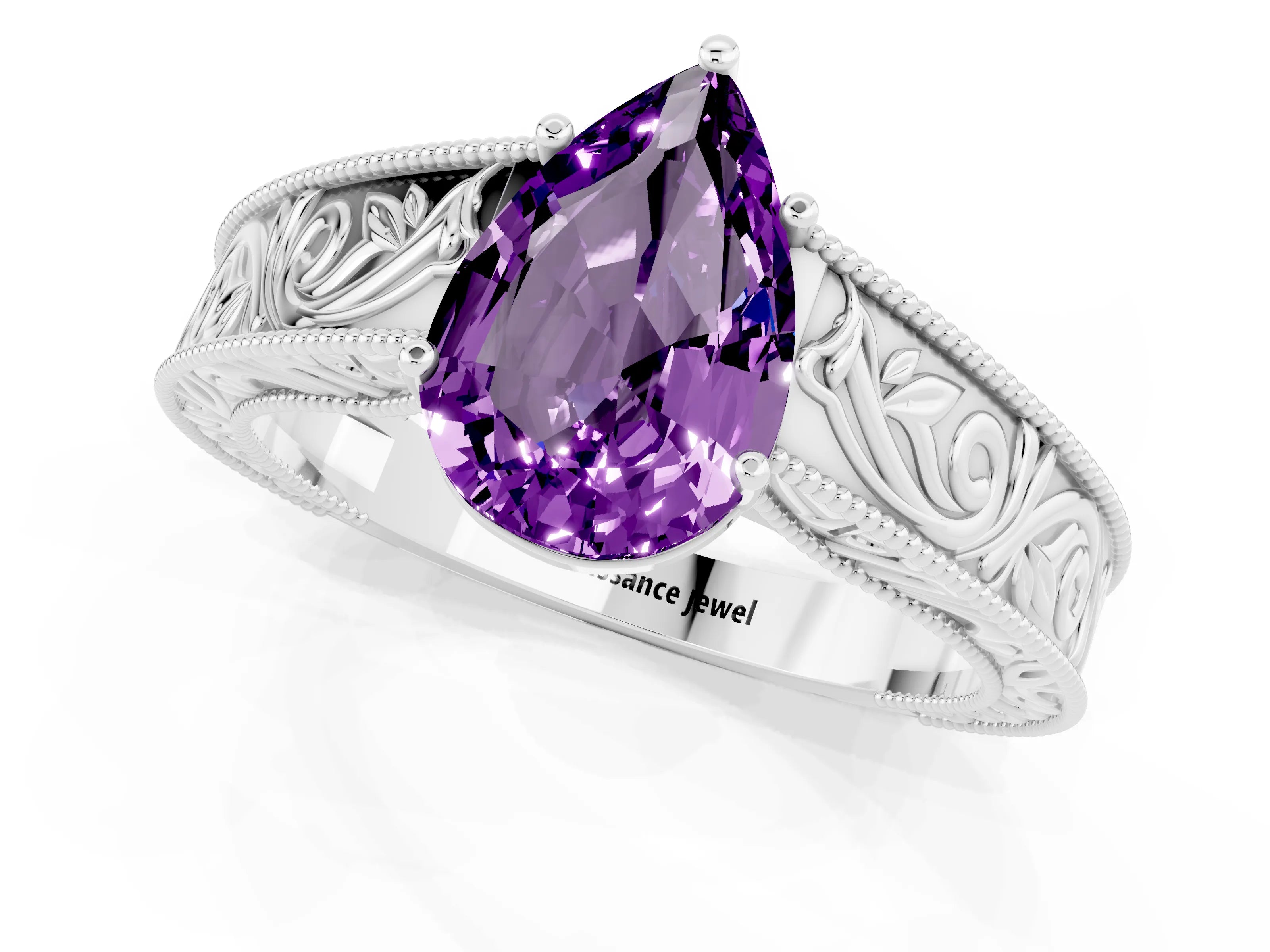 White gold Pear Cut Amethyst Solitaire Ring with Engraved Band and Four-Prong Setting_1