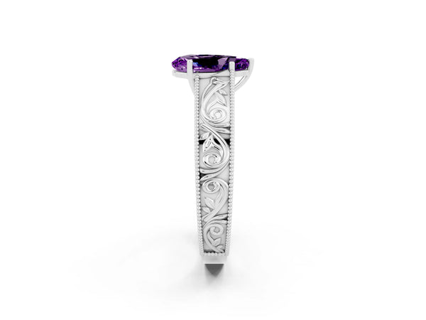 Platinum Pear-Shaped Amethyst Vintage Engraved Solitaire Engagement Ring with Wide Milgrain Band