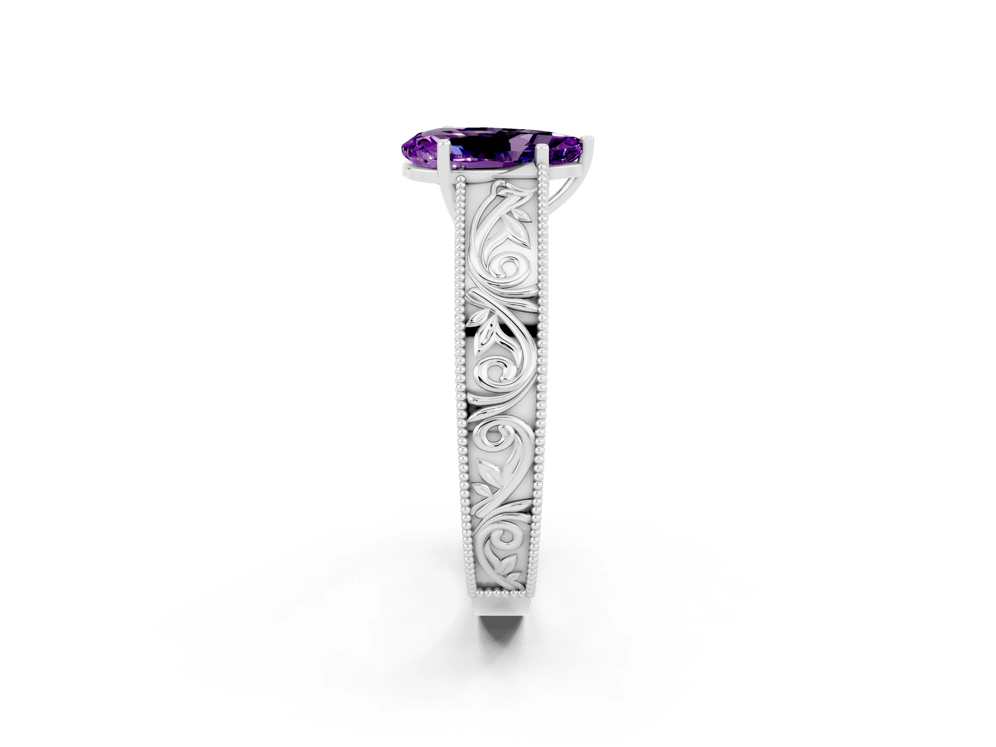 White gold Pear Cut Amethyst Solitaire Ring with Engraved Band and Four-Prong Setting_2