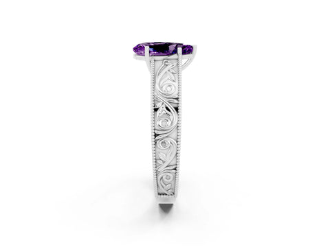 White gold Pear Cut Amethyst Solitaire Ring with Engraved Band and Four-Prong Setting_2