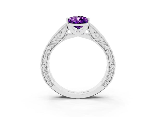 Platinum Pear-Shaped Amethyst Vintage Engraved Solitaire Engagement Ring with Wide Milgrain Band