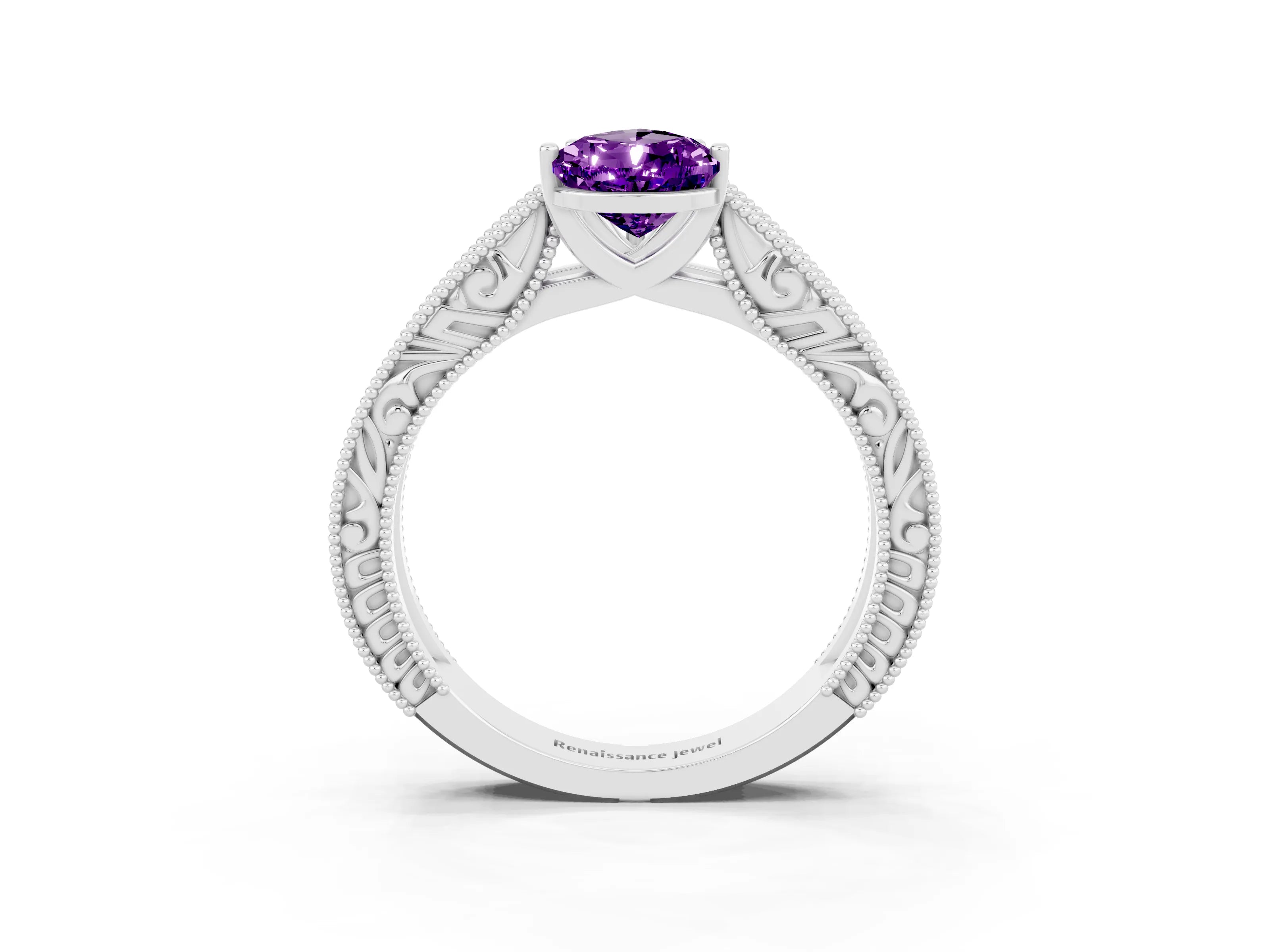 White gold Pear Cut Amethyst Solitaire Ring with Engraved Band and Four-Prong Setting_3