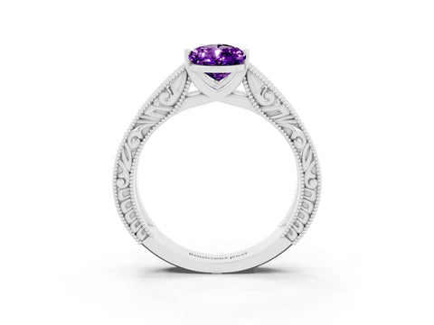 White gold Pear Cut Amethyst Solitaire Ring with Engraved Band and Four-Prong Setting_3