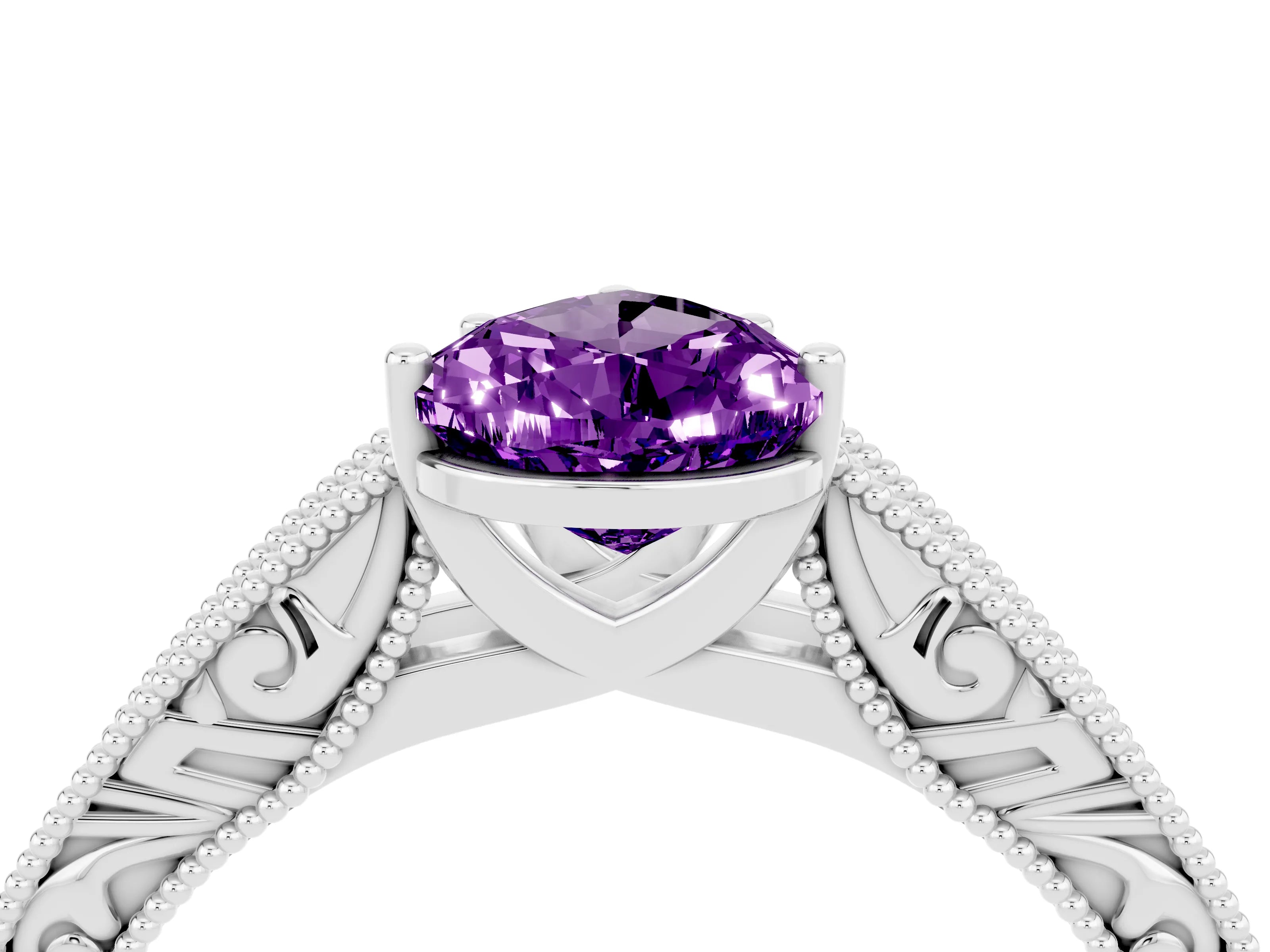 White gold Pear Cut Amethyst Solitaire Ring with Engraved Band and Four-Prong Setting_4