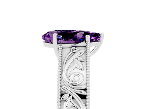 White gold Pear Cut Amethyst Solitaire Ring with Engraved Band and Four-Prong Setting_5