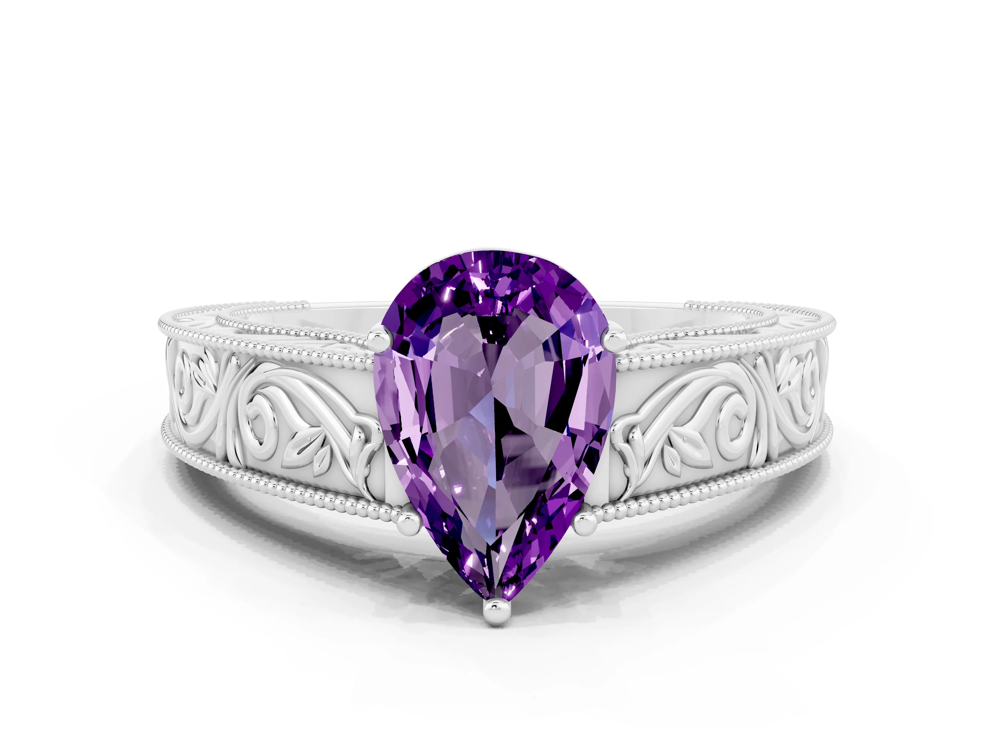 White gold Pear Cut Amethyst Solitaire Ring with Engraved Band and Four-Prong Setting
