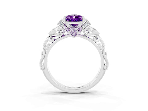 White gold Pear Cut Amethyst Solitaire Ring with Filigree Band and Four-Prong Setting_45