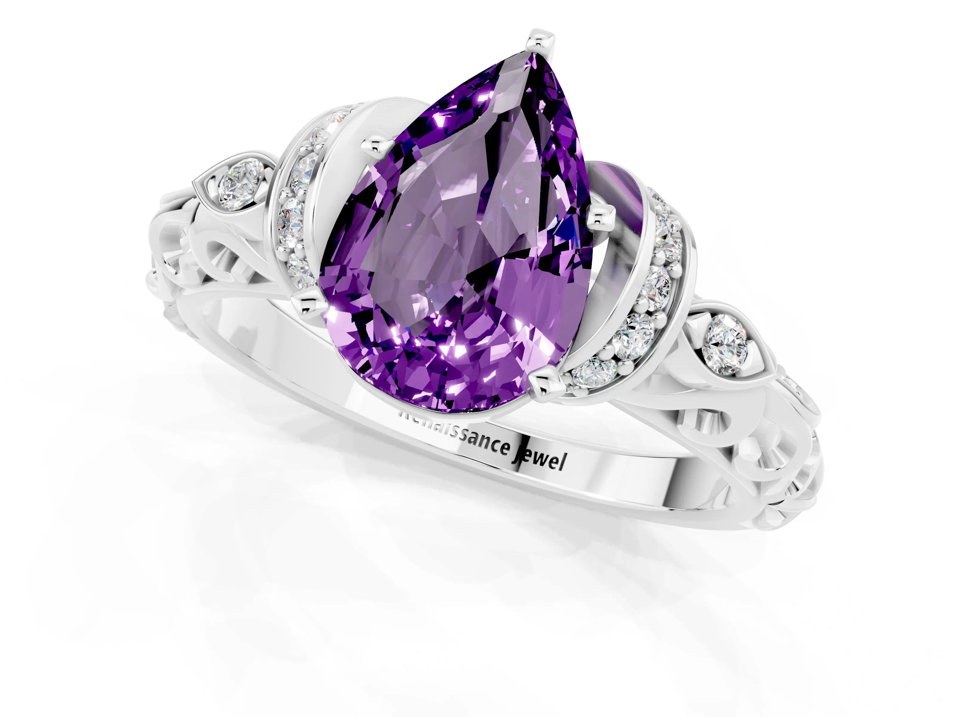 White gold Pear Cut Amethyst Solitaire Ring with Filigree Band and Four-Prong Setting_53