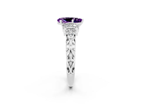 White gold Pear Cut Amethyst Solitaire Ring with Filigree Band and Four-Prong Setting_54