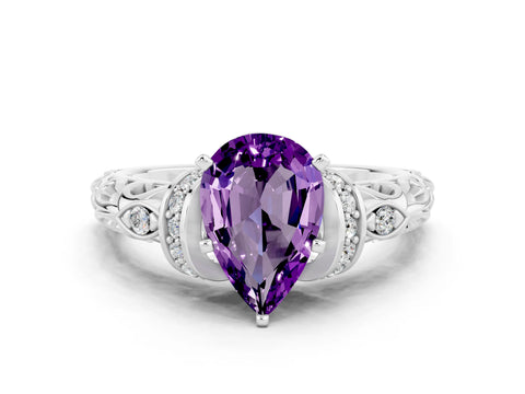 White gold Pear Cut Amethyst Solitaire Ring with Filigree Band and Four-Prong Setting_54