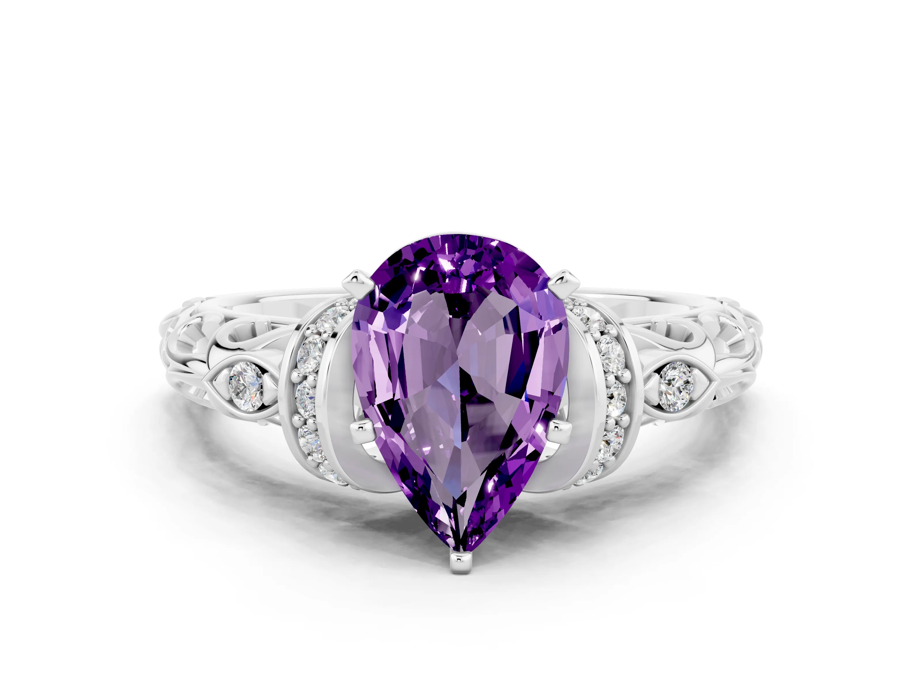 White gold Pear Cut Amethyst Solitaire Ring with Filigree Band and Four-Prong Setting_55