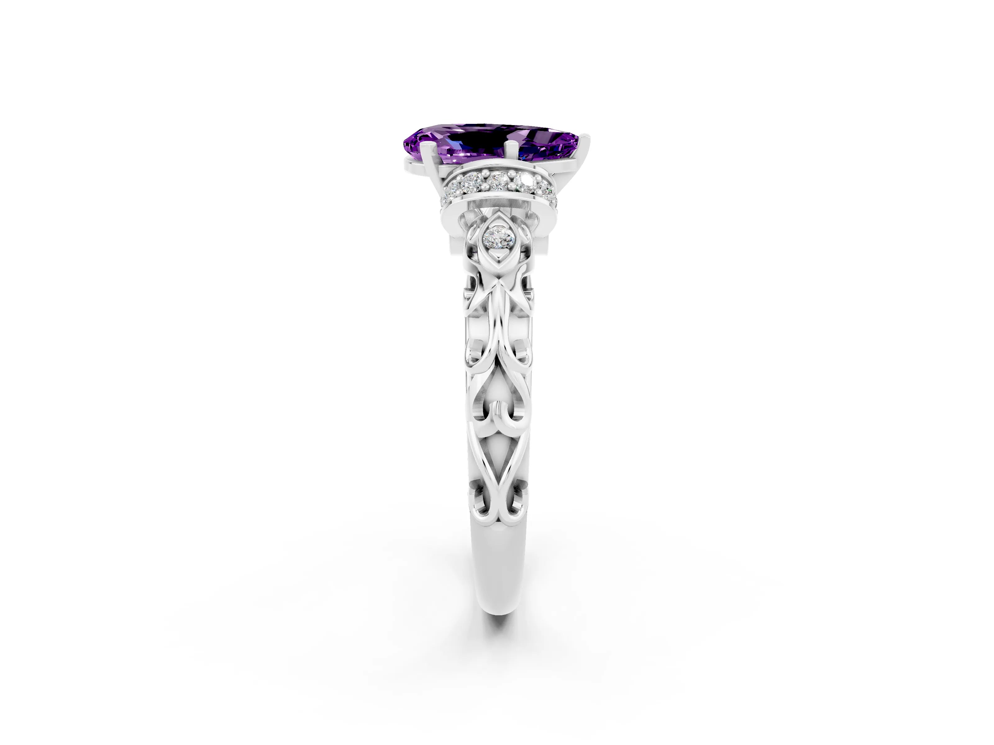 White gold Pear Cut Amethyst Solitaire Ring with Filigree Band and Four-Prong Setting_56