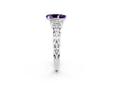 White gold Pear Cut Amethyst Solitaire Ring with Filigree Band and Four-Prong Setting_57