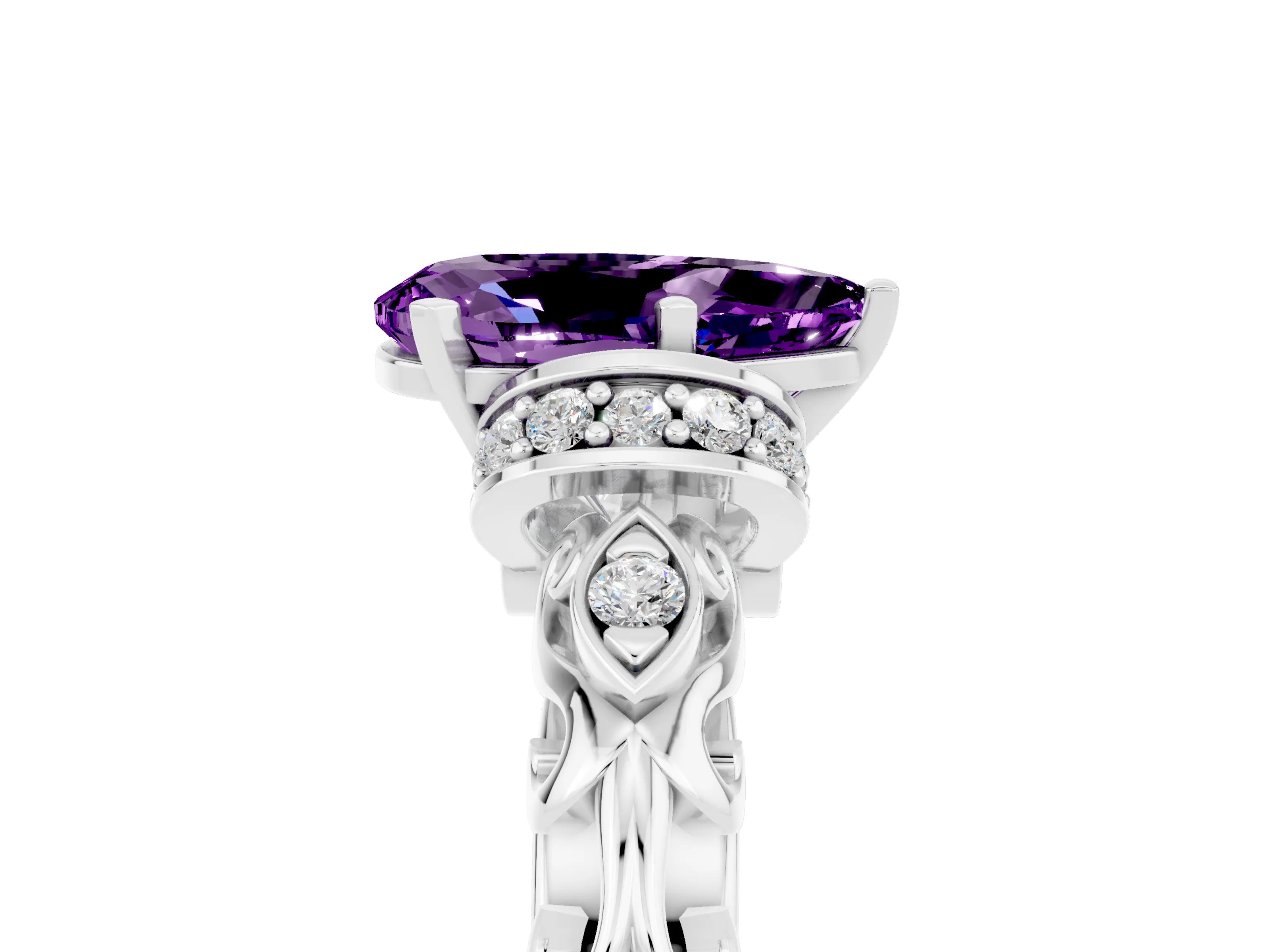 White gold Pear Cut Amethyst Solitaire Ring with Filigree Band and Four-Prong Setting_57