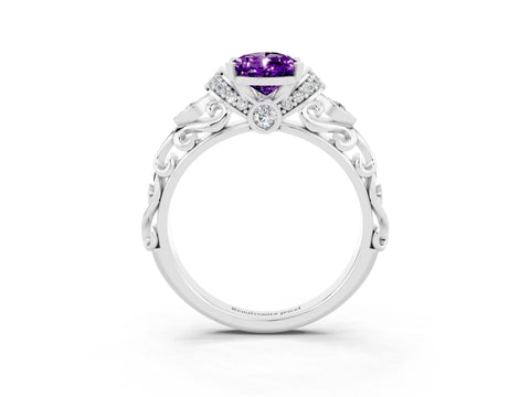 White gold Pear Cut Amethyst Solitaire Ring with Filigree Band and Four-Prong Setting_57