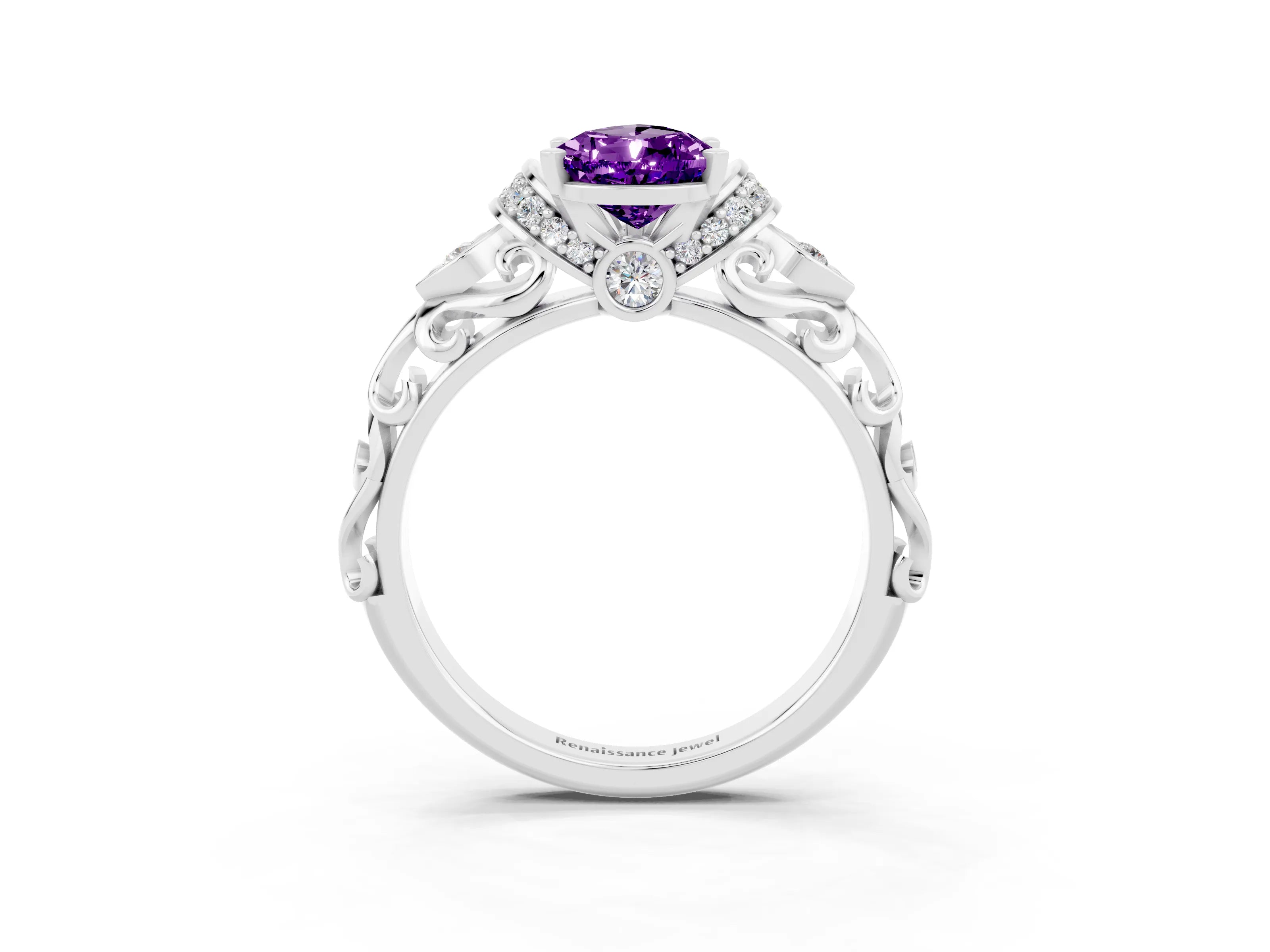 White gold Pear Cut Amethyst Solitaire Ring with Filigree Band and Four-Prong Setting_58