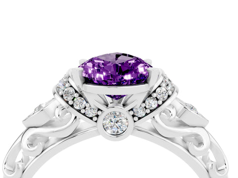 White gold Pear Cut Amethyst Solitaire Ring with Filigree Band and Four-Prong Setting_59
