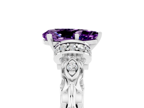 White gold Pear Cut Amethyst Solitaire Ring with Filigree Band and Four-Prong Setting_60