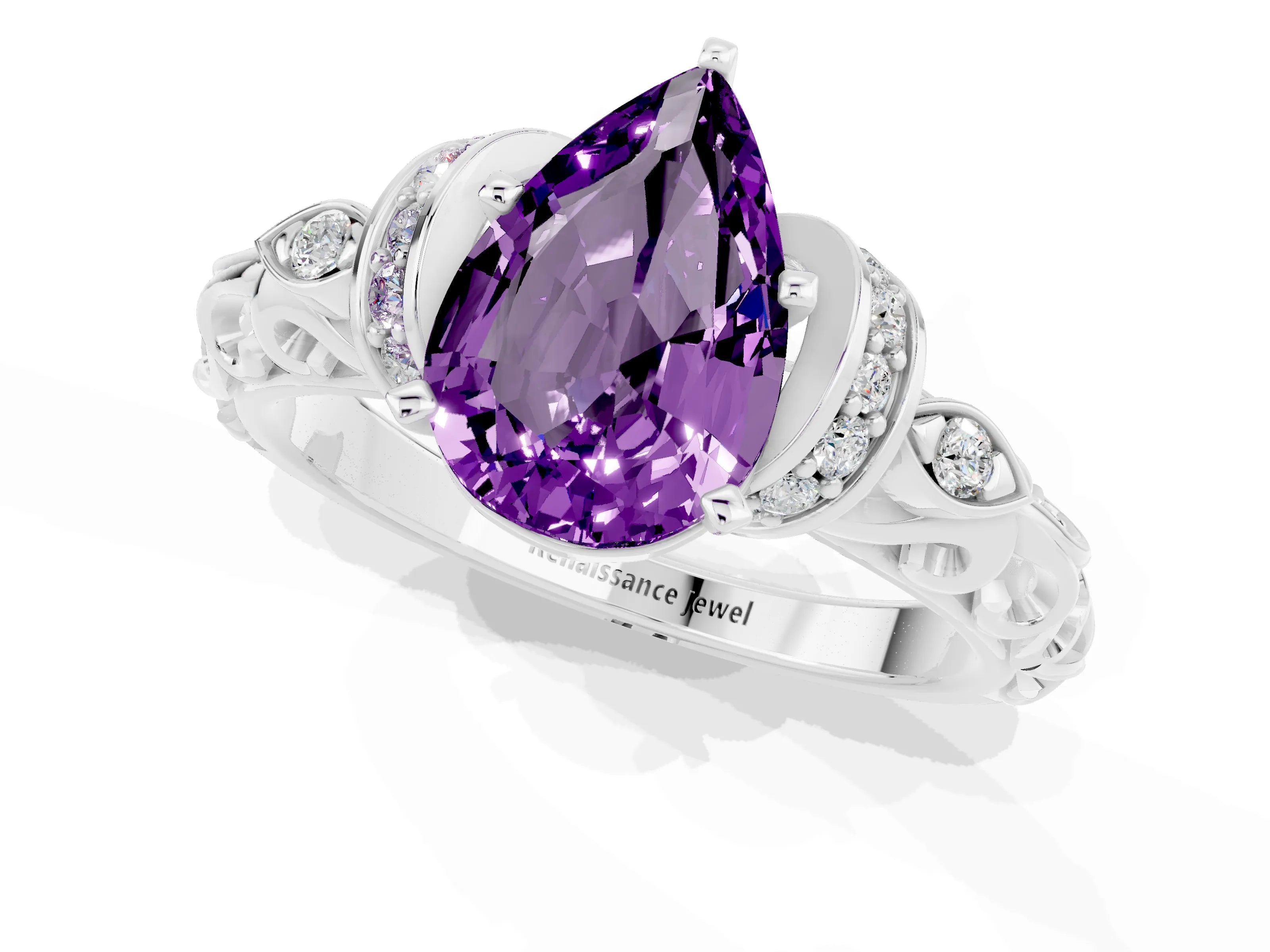 White gold Pear Cut Amethyst Solitaire Ring with Filigree Band and Four-Prong Setting_65