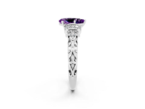 White gold Pear Cut Amethyst Solitaire Ring with Filigree Band and Four-Prong Setting_66