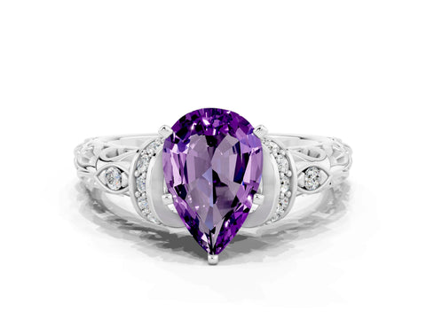 White gold Pear Cut Amethyst Solitaire Ring with Filigree Band and Four-Prong Setting_66