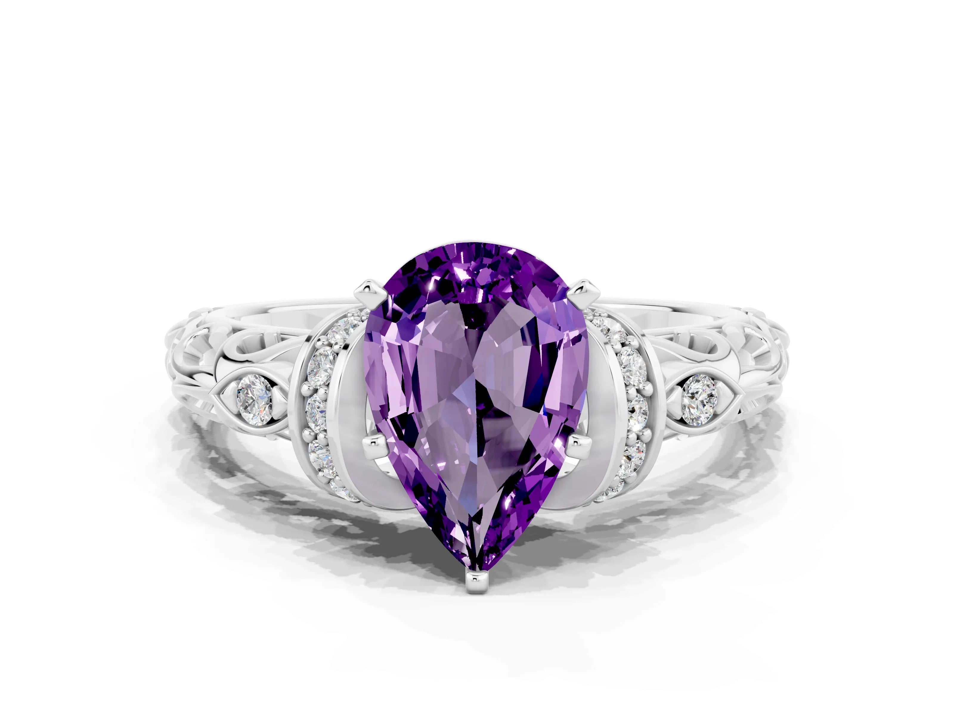 White gold Pear Cut Amethyst Solitaire Ring with Filigree Band and Four-Prong Setting_67