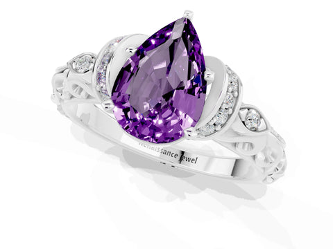 White gold Pear Cut Amethyst Solitaire Ring with Filigree Band and Four-Prong Setting_67