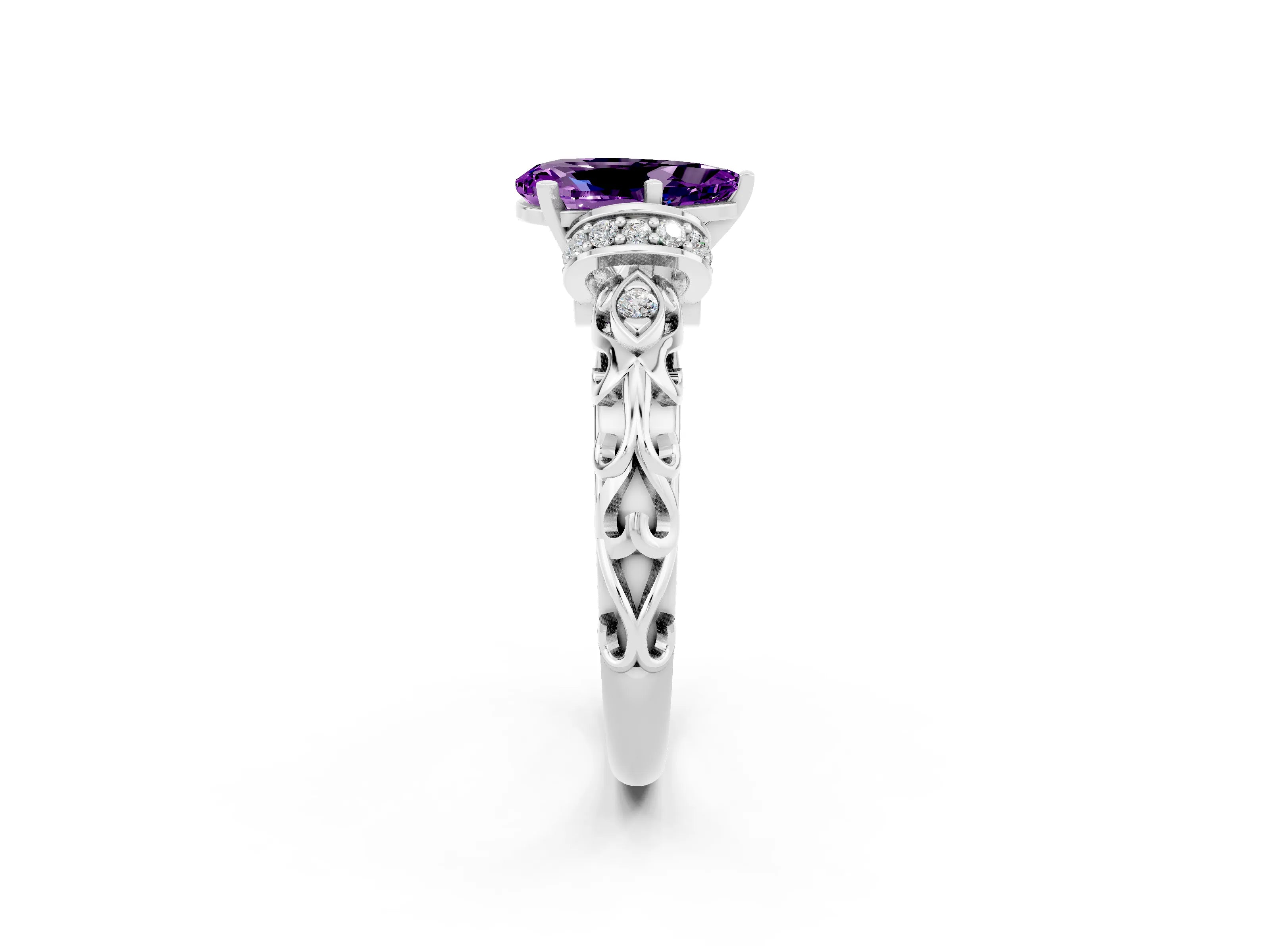 White gold Pear Cut Amethyst Solitaire Ring with Filigree Band and Four-Prong Setting_68