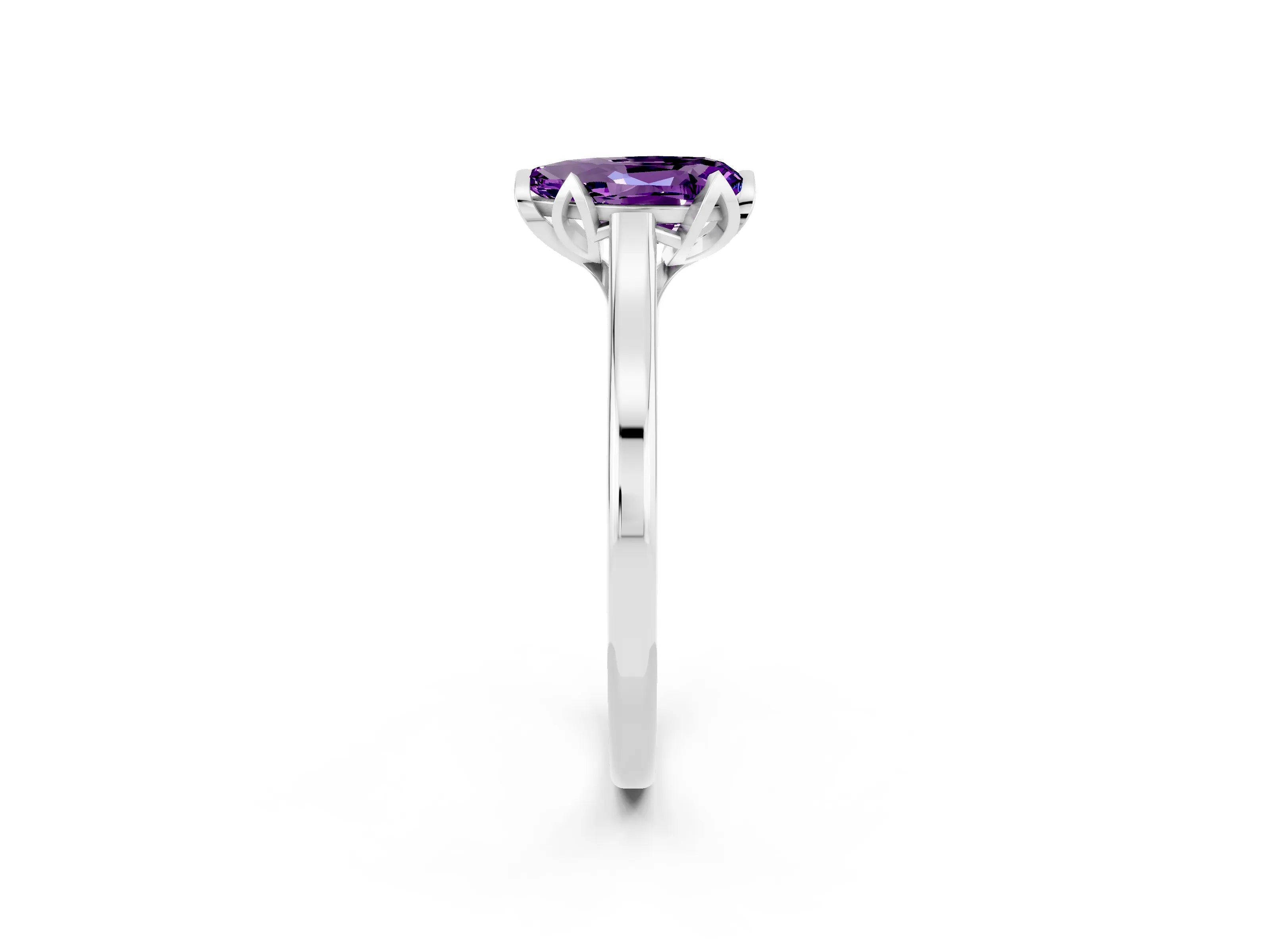White gold Pear Cut Amethyst Solitaire Ring with Flower Prong Setting and Classic Band_14