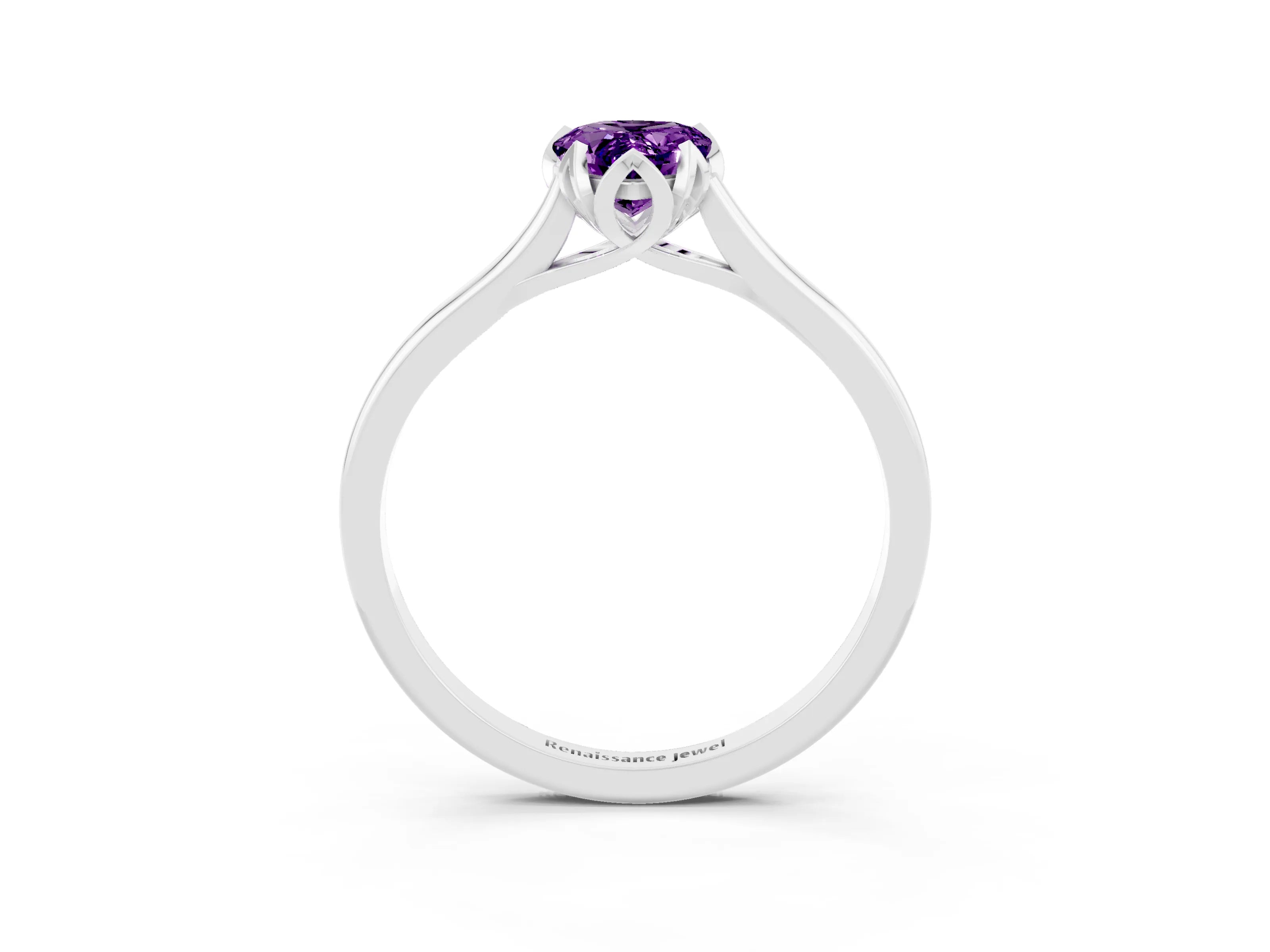 White gold Pear Cut Amethyst Solitaire Ring with Flower Prong Setting and Classic Band_15