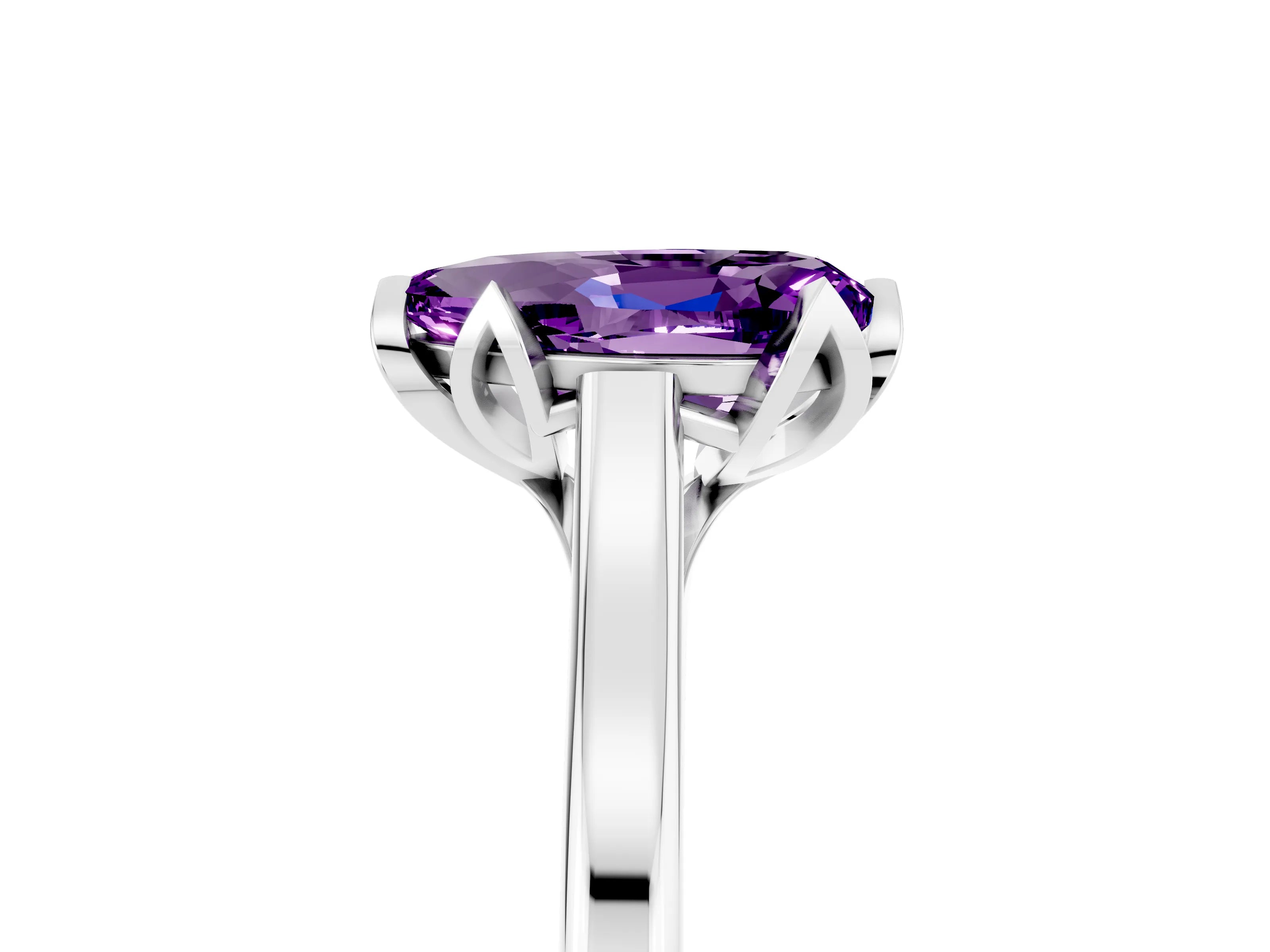 White gold Pear Cut Amethyst Solitaire Ring with Flower Prong Setting and Classic Band_17