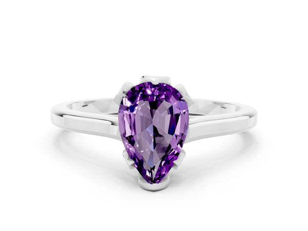 White gold Pear Cut Amethyst Solitaire Ring with Flower Prong Setting and Classic Band