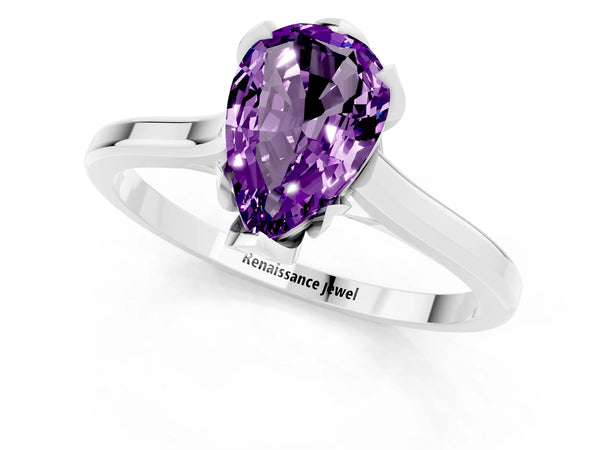 White gold Pear Cut Amethyst Solitaire Ring with Flower Prong Setting and Classic Band